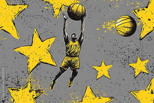 Hand-drawn vector seamless pattern with sports elements, basketball ball and player in the air, stars, and graffiti doodles. Gray background