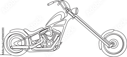 Classic chopper motorcycle with long front forks and Vtwin engine detailed continuous line art illustration