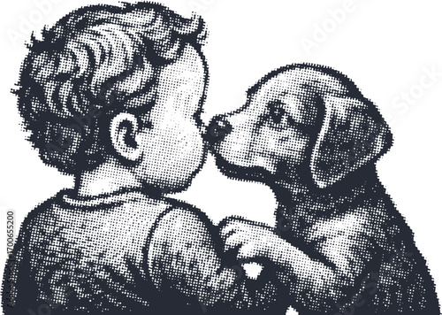 Adorable toddler and puppy moment. Child and dog friendship, cute pet interaction, playful animal, and joyful childhood bond.