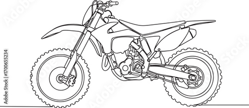 Continuous single line drawing of a modern motocross dirt bike side profile illustration