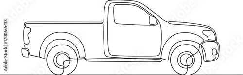 Simple black and white continuous line art illustration of a modern singlecab pickup truck side view