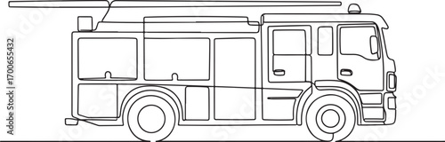 Simple black and white continuous line art illustration of a fire truck in a side profile view