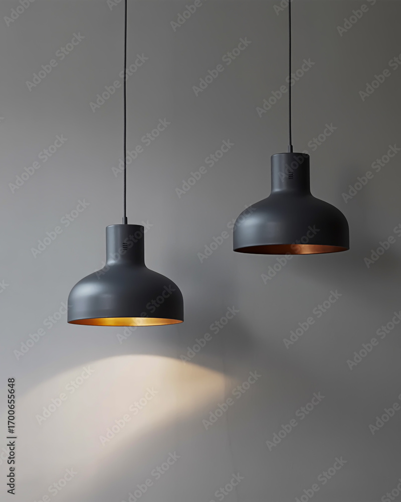 Obraz premium Pair of Dark Grey Pendant Lights with Copper Interiors