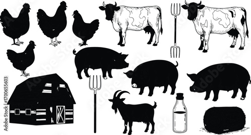 Farm animals and buildings silhouettes collection for agricultural themed designs and projects vector