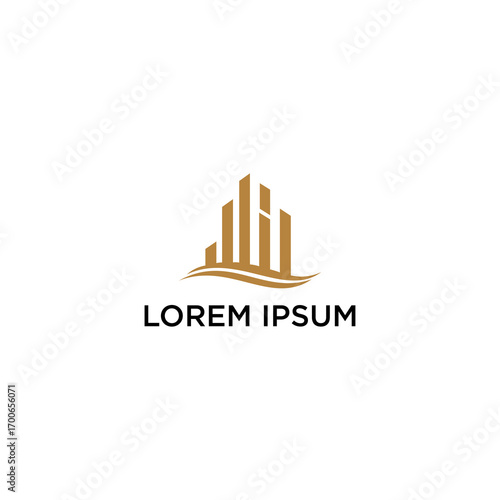 Elegant gold logo design featuring stylized buildings and waves, a modern graphic representation of architecture.