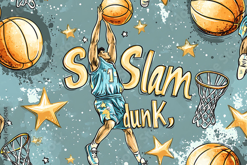 Hand-drawn vector seamless pattern with sports elements, basketball ball and player in the air, stars, and graffiti doodles. Gray background