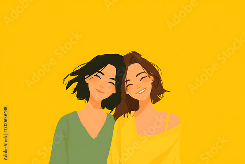 friendship illustration, two friends standing closely, radiating joy, best pals, in a flat illustration