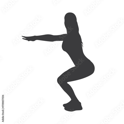 Silhouette of Strength: A dynamic silhouette of a woman executes a perfect squat, emphasizing strength, fitness, and the power of movement in a minimalistic style.