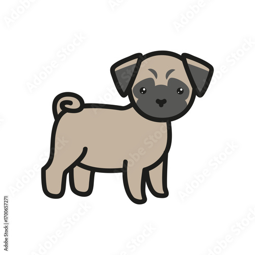 Pug Portrait: A cute cartoon pug with a charming and expressive face stands in an adorable pose. Capturing the essence of a beloved companion animal.