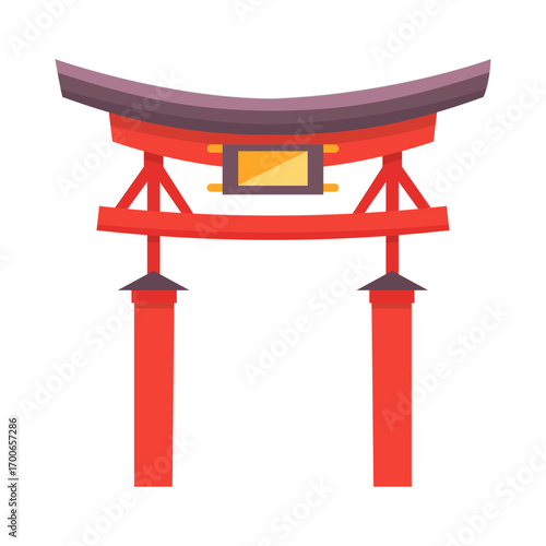 Red Torii Gate in Japan: A vibrant illustration of a traditional red Torii gate, an iconic symbol of Japan, stands boldly against an artful background.