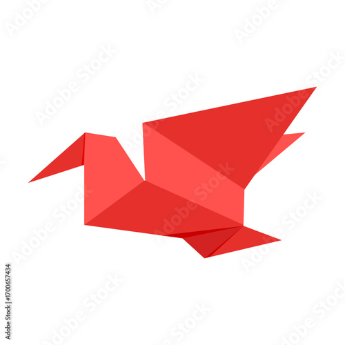 Red Origami Bird: An elegant red origami bird, a testament to the intricate art of paper folding, soars gracefully against a minimalist backdrop.