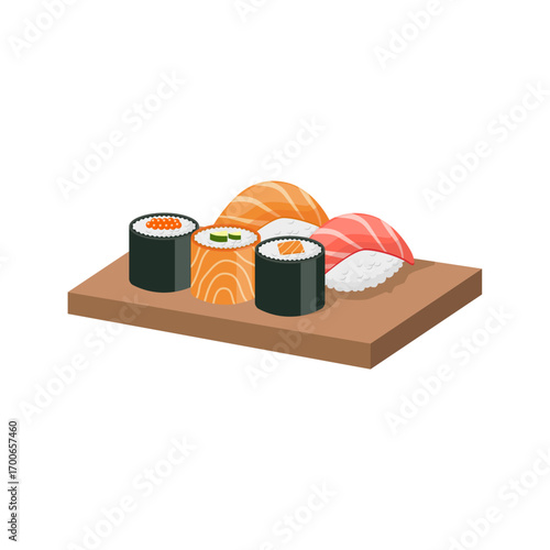 Sushi on Wooden Plate: Artful sushi arrangement featuring assorted pieces, meticulously displayed on a rustic wooden plate, tempting with fresh ingredients. 