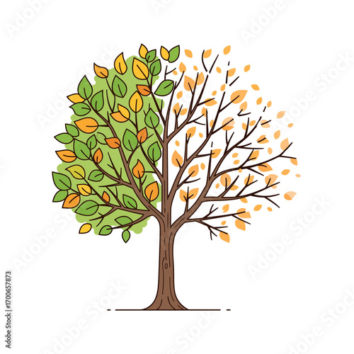 A symbolic representation of change and the passage of time depicted through a tree split between the vibrant life of summer and the warm decay of autumn