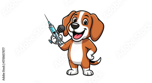 Adorable cartoon beagle dog character joyfully holding a syringe, ready for a vaccination or pet health check-up, symbolizing friendly veterinary care and animal wellness