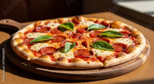 Wallpaper Mural Delicious Pepperoni Pizza with Fresh Basil Leaves Topping Served on a Wooden Board Torontodigital.ca