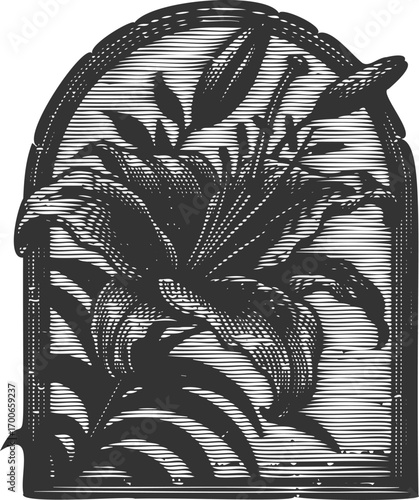 Halftone art of a drooping lily in a vintage arched frame, perfect for an elegant and decorative design with a classic, botanical feel.
