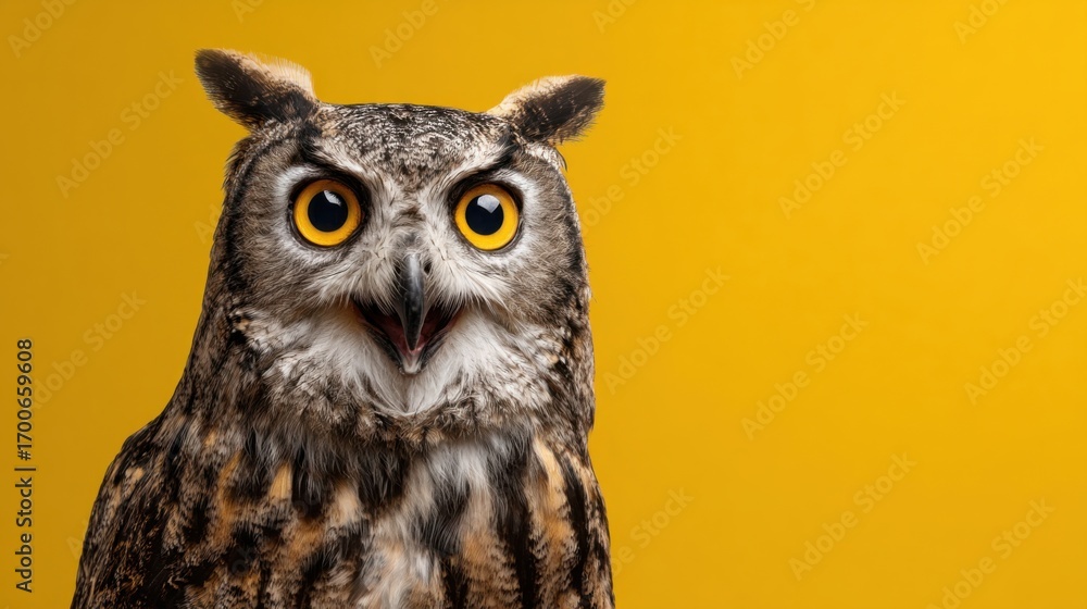 Fototapeta premium a close up of an owl with a yellow background