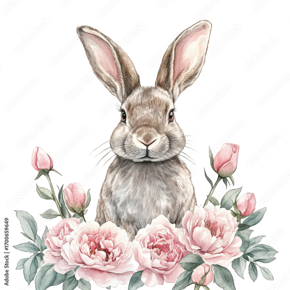Fototapeta premium Watercolor bunny rabbit surrounded by pink roses and peonies isolated on transparent background