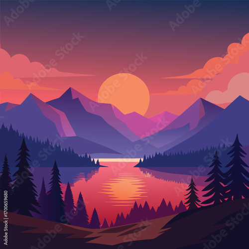 Sunset in mountains, Stunning sunset over mountain range and valley, golden hour landscape.