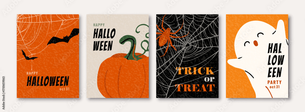 custom made wallpaper toronto digitalHalloween set vector background. Trendy modern illustration with pumpkins, ghost, bat, spider web, autumn leaves and typography design. Cute posters for sale, template social media