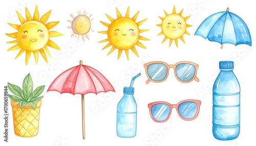 Watercolor summer elements