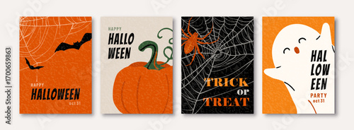 Halloween set vector background. Trendy modern illustration with pumpkins, ghost, bat, spider web, autumn leaves and typography design. Cute posters for sale, template social media