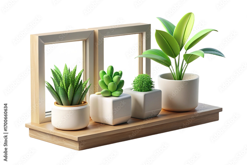Fototapeta premium Indoor Plants and White Flowers on Wooden Shelf on transparent background- 3D rendering