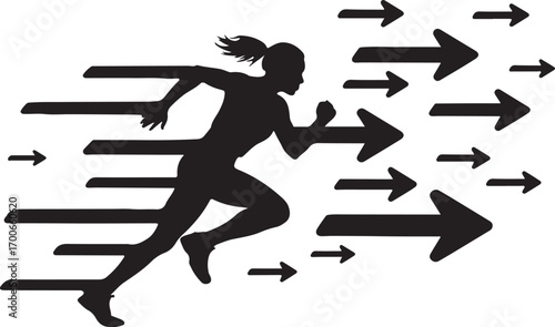 Silhouette of a female runner with motion blur arrows in black and white Keywords: running, runner, woman, female, athlete, speed, motion, movement, arrows, direction, forward, race, sprint