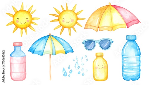 Watercolor summer objects