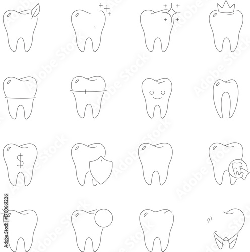 Collection of hand drawn line art icons representing teeth and dental care concepts tooth drawing