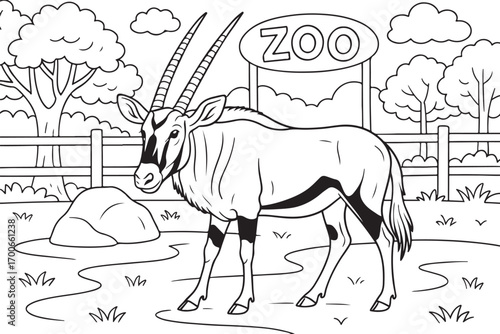 hand drawn vector doodle illustration of gemsbuck coloring page for kids line art