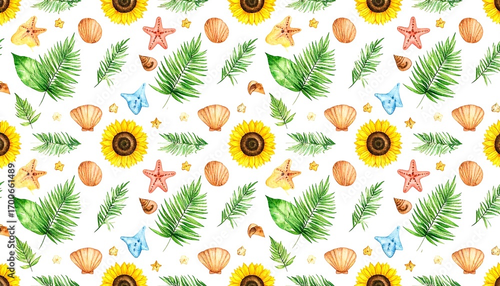 Fototapeta premium Watercolor summer pattern with seashells, palm leaves, starfish, and sunflowers