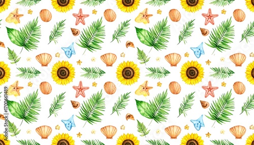 Watercolor summer pattern with seashells, palm leaves, starfish, and sunflowers