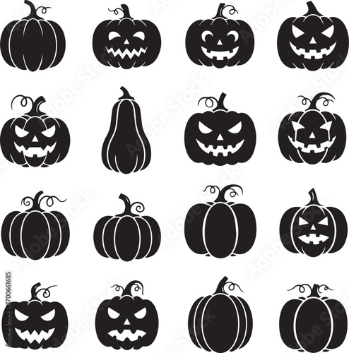 Collection of sixteen black silhouette pumpkin jack-o-lanterns with carved faces for Halloween vector