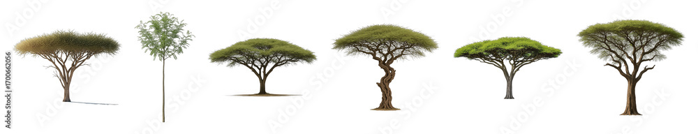 Fototapeta premium Tree set including diverse shapes, canopy, and trunk forms isolated. Architectural visualization and landscape design collection.