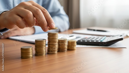 Close-up of hands stacking coins into neat piles on a wooden desk, blurred background with calculator, financial planning concept