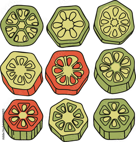 Hand-drawn illustrations of sliced okra in green and red colors on a white background Keywords: okra, sliced okra, okra slices, vegetable, food, healthy, green, red
