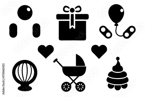 Black and white baby shower icons featuring a gift a stroller a balloon and a stacking toy perfect for invitations and announcements for a new baby celebration event