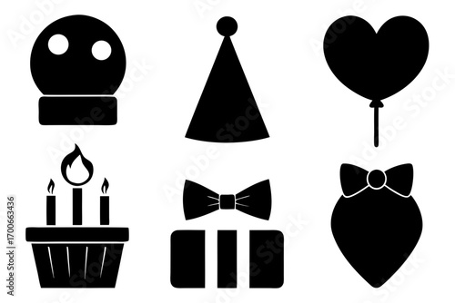 Black and white vector graphics showing birthday party elements like a cake with candles a party hat a heart balloon and a gift box with a bow tie for invitations and decorations
