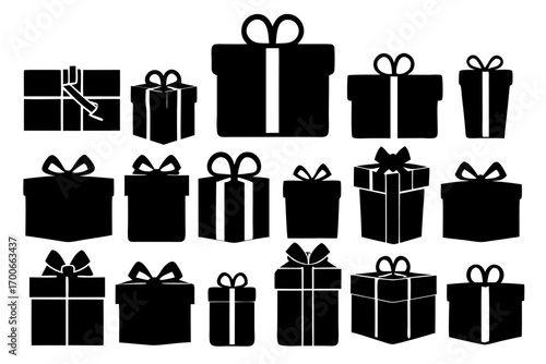 Collection of black silhouette gift boxes with ribbons and bows perfect for holiday celebrations birthday surprises and special occasions creating a festive and joyful atmosphere for giving and receiv
