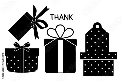 Elegant thank you card design featuring stylized black and white gift box illustrations perfect for expressing gratitude and appreciation for gifts and special occasions