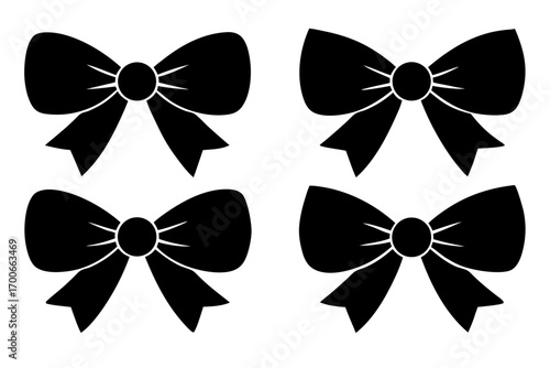Four elegant black bow tie designs arranged symmetrically on a white background creating a classic and decorative pattern perfect for gift wrapping or festive design projects