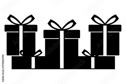 Three black gift boxes with ribbons arranged in a row against a white background creating a festive and minimalist design perfect for holiday cards and promotional materials
