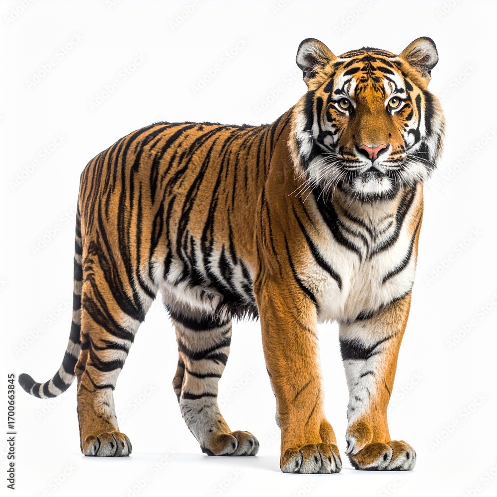 Obraz premium Majestic tiger stands powerfully, showcasing its vibrant orange and black stripes against a clean backdrop.