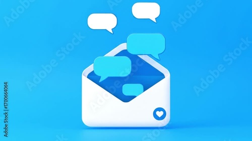 Animated message inbox — envelope opening with floating chat bubbles coming out, social media communication concept.