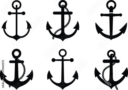 Anchor silhouette collection, nautical marine vector illustration, ship anchor icons, sailing design elements, navy symbol artwork, maritime rope detail, ocean navigation graphic