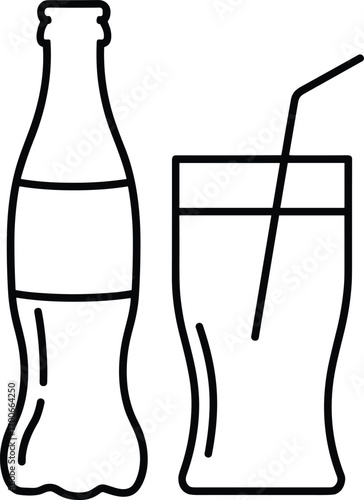 Black outline vector illustration of soda bottle and glass with straw, refreshing soft drink design for cafe, restaurant, bar, menu, beverage branding, refreshment