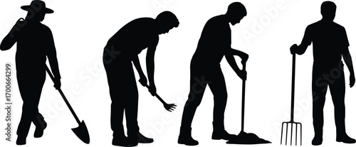Black silhouette farmer working with shovel, rake, hoe, and pitchfork, agriculture labor vector illustration for farming, cultivation, gardening, rural lifestyle, and agricultural tools