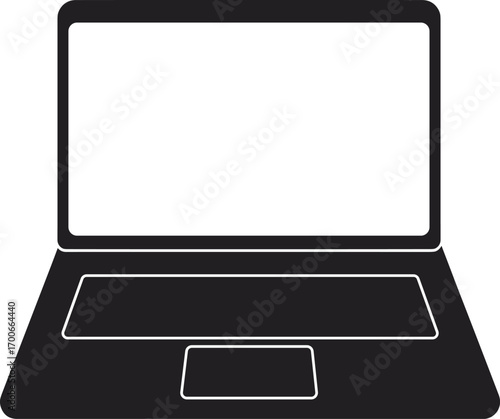  Black silhouette illustration of laptop computer with screen, keyboard and touchpad, flat vector design for business, office, digital technology, internet content