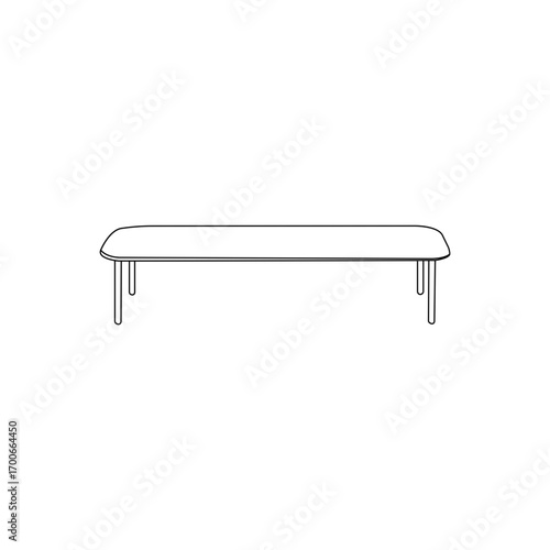 Simple line drawing of a long, rectangular table with a rounded top and slender legs.
